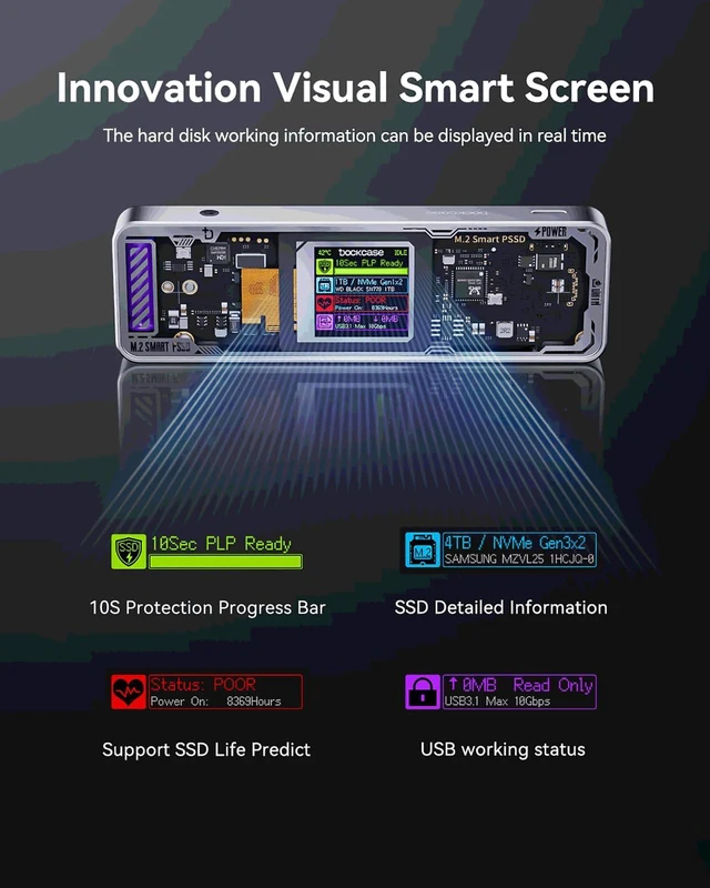 Alt view image 6 of 7 - DOCKCASE Explorer Edition M.2 NVMe SSD Enclosure,Support 10s PLP Prevents Write Data Loss,USB 3.2 Gen 2 Type-C (10 Gbps), fits NVMe PCIe,Size 2230/2242/2260/2280,Support M-Key B+M Key UASP (Silver)