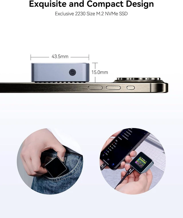 Alt view image 3 of 7 - DockCase Pocket M.2 2230 NVMe SSD Enclosure,Support 3s PLP Prevents Write Data Loss,USB 3.2 Gen 2 Type-C (10 Gbps), fits NVMe PCIe, Exclusive to Size 2230,Support M-Key B+M Key UASP (Grey)