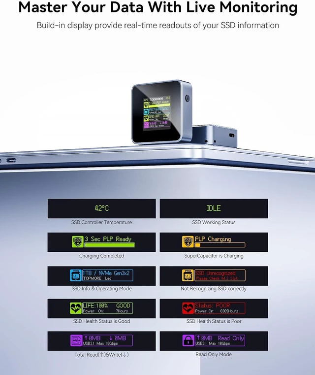 Alt view image 2 of 7 - DockCase Pocket M.2 2230 NVMe SSD Enclosure,Support 3s PLP Prevents Write Data Loss,USB 3.2 Gen 2 Type-C (10 Gbps), fits NVMe PCIe, Exclusive to Size 2230,Support M-Key B+M Key UASP (Grey)