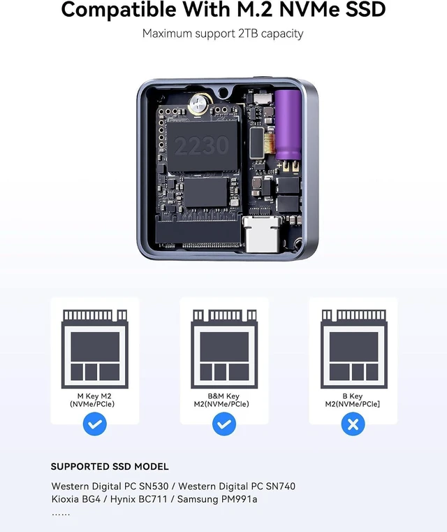 Alt view image 4 of 7 - DockCase Pocket M.2 2230 NVMe SSD Enclosure,Support 3s PLP Prevents Write Data Loss,USB 3.2 Gen 2 Type-C (10 Gbps), fits NVMe PCIe, Exclusive to Size 2230,Support M-Key B+M Key UASP (Grey)