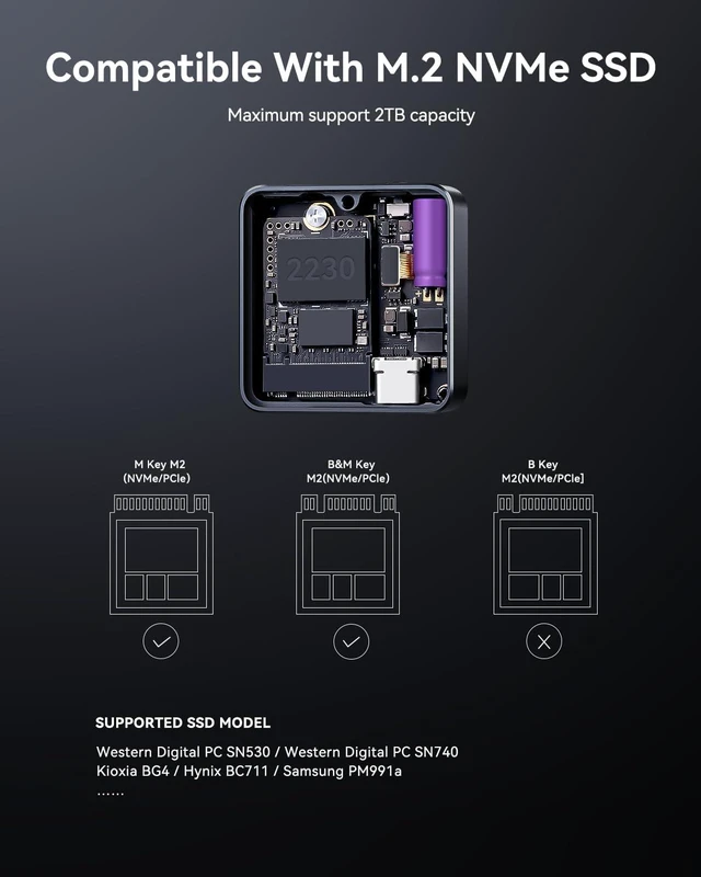 Alt view image 6 of 7 - DOCKCASE Pocket M.2 2230 NVMe SSD Enclosure,Support 3s PLP Prevents Write Data Loss,USB 3.2 Gen 2 Type-C (10 Gbps), fits NVMe PCIe, Exclusive to Size 2230,Support M-Key B+M Key UASP (Black)