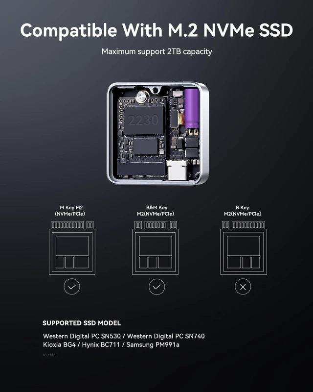 Alt view image 3 of 7 - DOCKCASE Pocket M.2 2230 NVMe SSD Enclosure,Support 3s PLP Prevents Write Data Loss,USB 3.2 Gen 2 Type-C (10 Gbps), fits NVMe PCIe, Exclusive to Size 2230,Support M-Key B+M Key UASP (Silver)