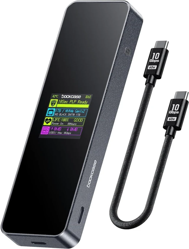 Main image of DOCKCASE Smart M.2 NVMe SSD Enclosure, 10s Power Loss Protection (PLP), 10Gbps USB 3.2 Gen 2 Type-C External Hard Drive Case, Fits 2230/2242/2260/2280 NVMe M/B+M Key