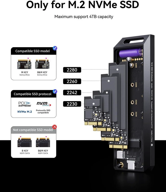 Alt view image 4 of 7 - DOCKCASE&CHIZHA Explorer Edition M.2 NVMe SSD Enclosure,Support 10s PLP Prevents Write Data Loss,USB 3.2 Gen 2 Type-C (10 Gbps), fits NVMe PCIe,Size 2230/2242/2260/2280,Support M-Key B+M Key UASP