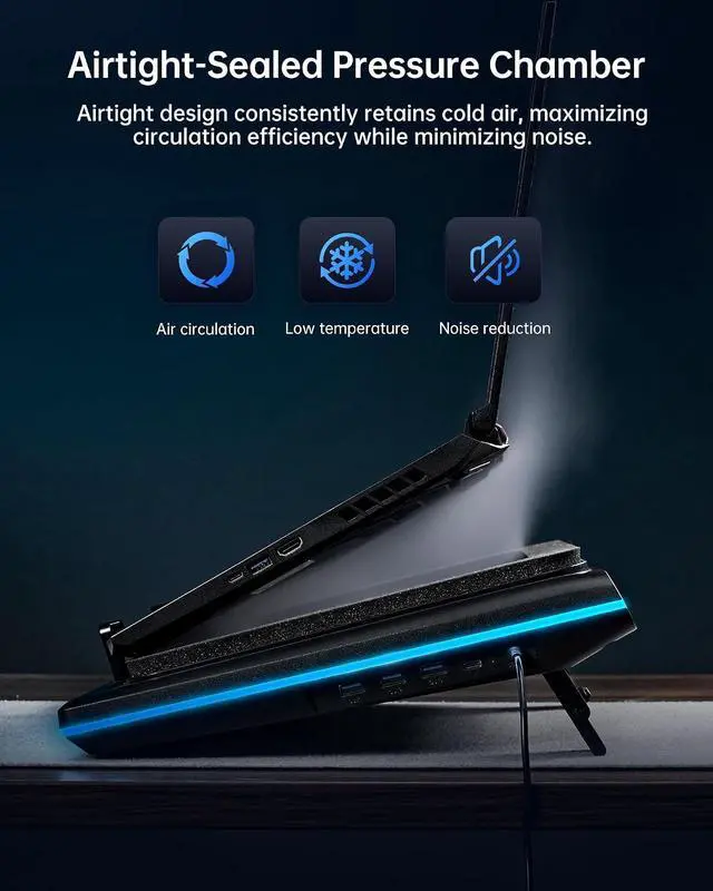 Alt view image 4 of 7 - llano V12 Ultra Laptop Cooling Pad with Smart Software Control Laptop Fan,Laptop Stand RGB, 5.5" Turbo Fan, Adjustable Speed, 3-Port USB 3.0 Hub, 3 Height Stands, for 15.6"-19" Gaming Laptops, Black
