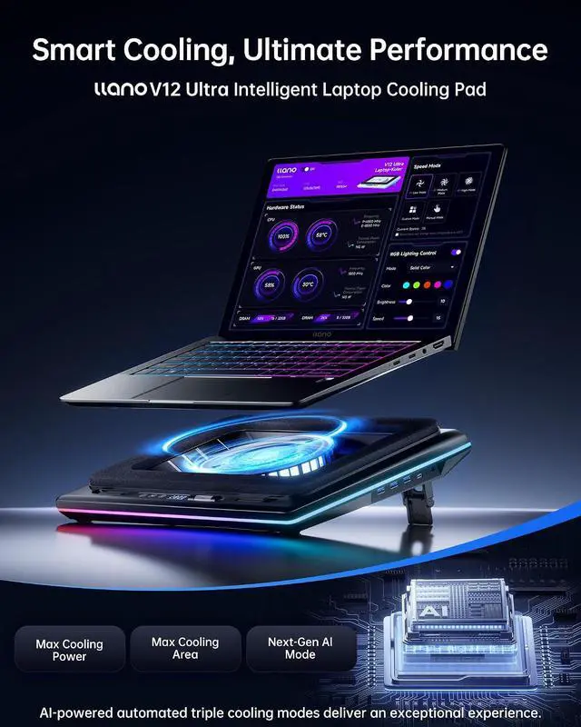 Alt view image 6 of 7 - llano V12 Ultra Laptop Cooling Pad with Smart Software Control Laptop Fan,Laptop Stand RGB, 5.5" Turbo Fan, Adjustable Speed, 3-Port USB 3.0 Hub, 3 Height Stands, for 15.6"-19" Gaming Laptops, Black