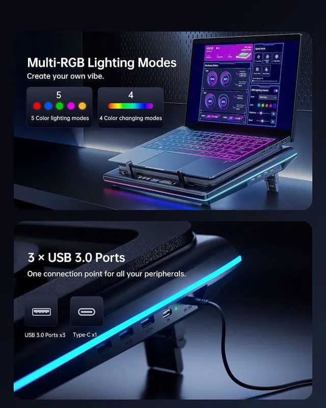 Alt view image 5 of 7 - llano V12 Ultra Laptop Cooling Pad with Smart Software Control Laptop Fan,Laptop Stand RGB, 5.5" Turbo Fan, Adjustable Speed, 3-Port USB 3.0 Hub, 3 Height Stands, for 15.6"-19" Gaming Laptops, Black