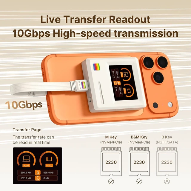 Alt view image 7 of 7 - Retro 2230 M.2 NVMe PCIe Magnetic SSD Enclosure: 2" LCD, 8s PLP, 10Gbps USB 3.2 Type-C, Write Protect, 100W PD & USB 2.0. Supports 4K ProRes for iPhone 17/16/15 Pro. Includes 80Gbps Cable
