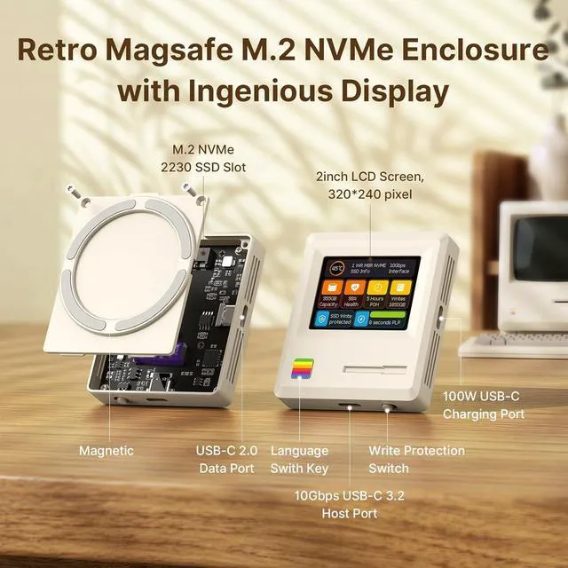Alt view image 4 of 7 - Retro 2230 M.2 NVMe PCIe Magnetic SSD Enclosure: 2" LCD, 8s PLP, 10Gbps USB 3.2 Type-C, Write Protect, 100W PD & USB 2.0. Supports 4K ProRes for iPhone 17/16/15 Pro. Includes 80Gbps Cable