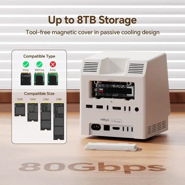 Alt view image 2 of 7 - M5 Retro Dock Station for Mac mini M4/M5/M6, 80Gbps M.2 NVMe SSD Enclosure with Cooling Fan, Compatible for Thunderbolt 5/4/3/USB 4, 5'inch HD Display, SD/TF Reader 4.0, 8K@60Hz Displayport