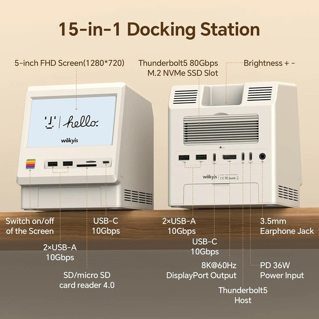 Alt view image 4 of 7 - M5 Retro Dock Station for Mac mini M4/M5/M6, 80Gbps M.2 NVMe SSD Enclosure with Cooling Fan, Compatible for Thunderbolt 5/4/3/USB 4, 5'inch HD Display, SD/TF Reader 4.0, 8K@60Hz Displayport