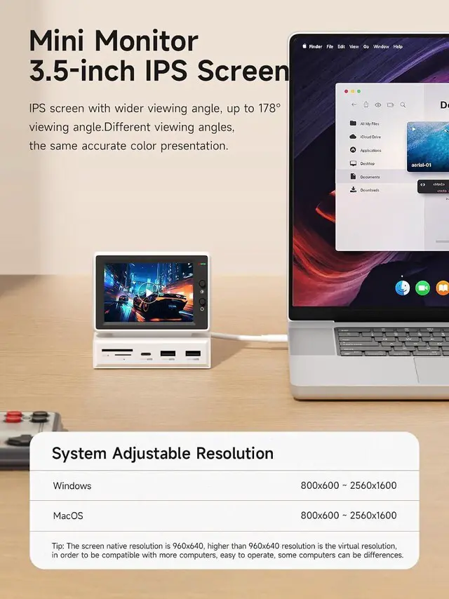 Alt view image 2 of 7 - Hagibis 3.5inch IPS USB Mini Screen with USB C Hub, USB-C&HDMI Monitor AIDA64 Mini PC CPU RAM HDD Data Monitor Temperature Electronic Album Floating Lyrics Display Sub Screen for Laptop PC (960x640)