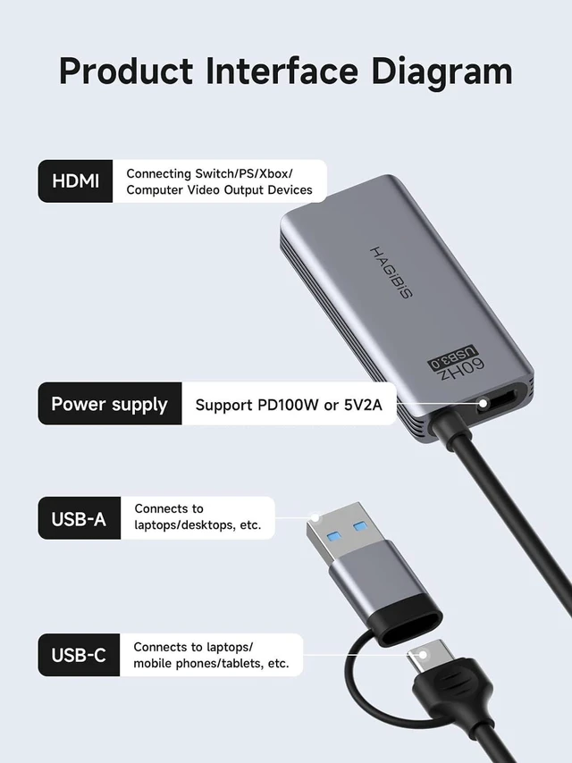 Alt view image 2 of 7 - Hagibis USB3.0 Video Capture Card with 100W PD HDMI to USB/USB C 1080P HD 60fps Live and Record Video Audio Game MS2130 for Quest 3 2 Pro VR Switch2 PS4/5 Live Broadcast, Gaming, Streaming (UHC07P)