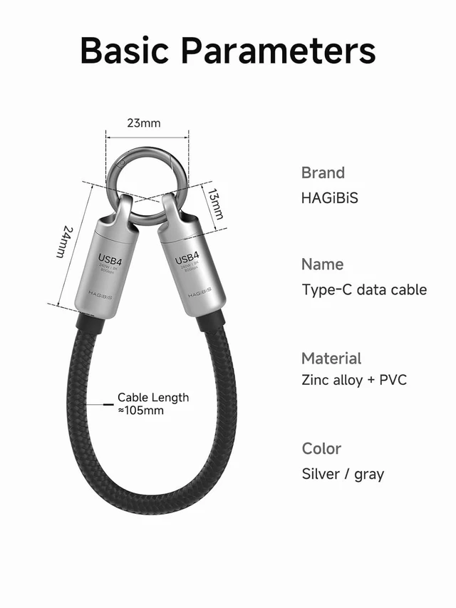 Alt view image 5 of 7 - Hagibis USB4 Cable Portable Keychain 0.5ft, 80Gpbs 240W 8K@60Hz Short C to C Cable Lanyard Type-C Cable for iPhone 17 16 15 Pro Max, iPad Pro, Thunderbolt 5/4/3, External SSD (Grey)