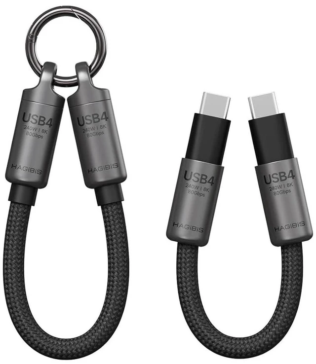 Main image of Hagibis USB4 Cable Portable Keychain 0.5ft, 80Gpbs 240W 8K@60Hz Short C to C Cable Lanyard Type-C Cable for iPhone 17 16 15 Pro Max, iPad Pro, Thunderbolt 5/4/3, External SSD (Grey)