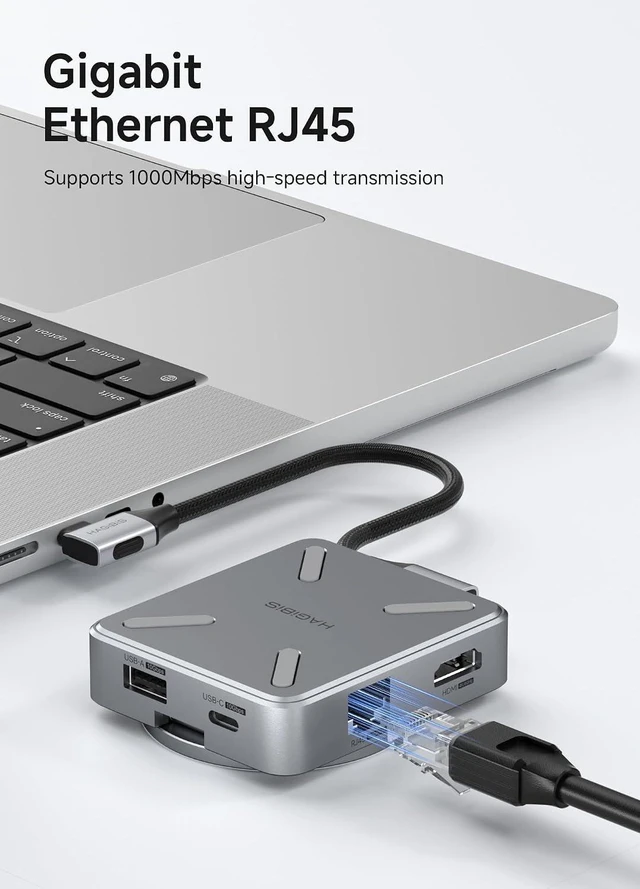 Alt view image 2 of 7 - Hagibis Magnetic USB C Hub with Magsafe Stand Holder for iPhone 17 16 15 Pro Max, Portable Type-C Docking Station 100W PD, 1000Mbps RJ45, 4K@60Hz HDMI, 10Gbps USB3.2 (CMC10LH)