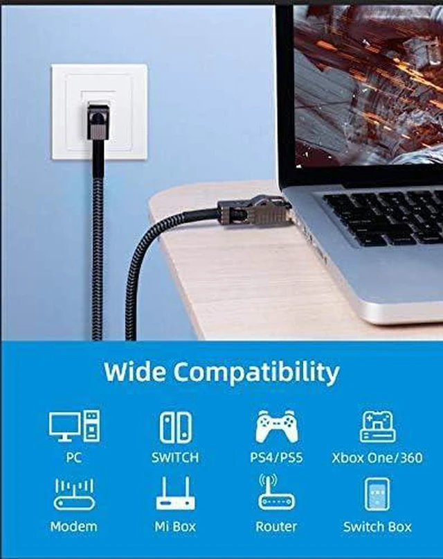 Alt view image 4 of 7 - CAT8 Ethernet Cable, Hagibis 360° LAN Network Cable with Zinc Alloy RJ45, Braided 24AWG 40Gbps 2000Mhz Patch Cord High Speed for Gaming, PS4, Xbox, Modem, Router, PC, Laptop 1.5FT