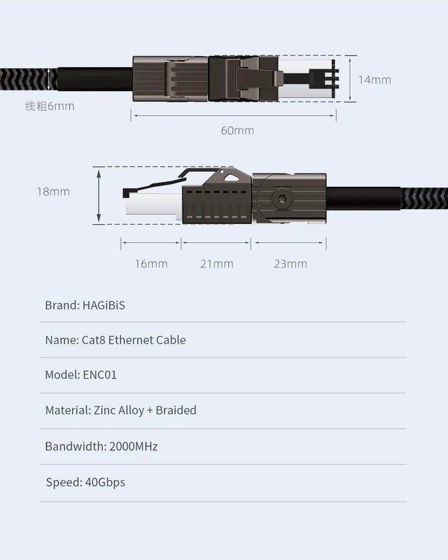 Alt view image 3 of 7 - CAT8 Ethernet Cable, Hagibis 360° LAN Network Cable with Zinc Alloy RJ45, Braided 24AWG 40Gbps 2000Mhz Patch Cord High Speed for Gaming, PS4, Xbox, Modem, Router, PC, Laptop 1.5FT