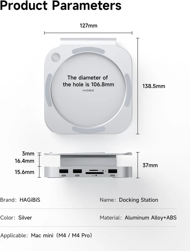 Alt view image 7 of 7 - Hagibis Mac mini M4 Hub & Stand with SSD Enclosure, 3 in 1 USB Type-C Docking Station with M.2 NVMe SSD Case, 10Gbps USB3.2 Gen2, SD4.0, TF4.0, 5V/2A Power Supply for M4 Pro (MC60)