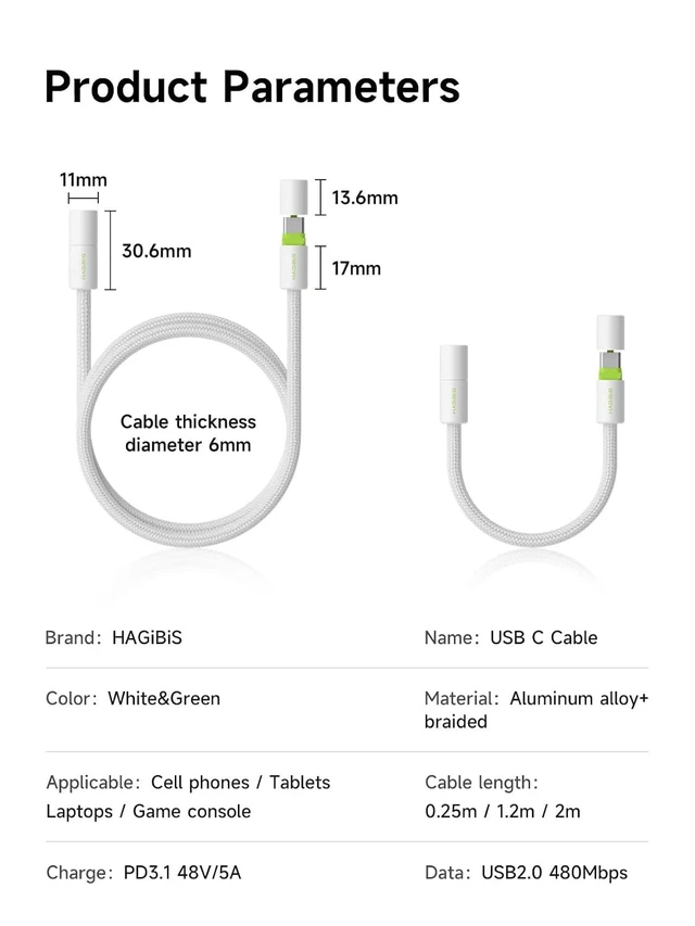 Alt view image 7 of 7 - Hagibis USB C Cable with Protective Cap, 240W Fast Charging Cable with 480Mbps Data Transfer, Type C PD 3.1 Fast Charger for iPhone 15 16 Pro Max, iPad, MacBook Pro Air (White Green, 0.8ft)