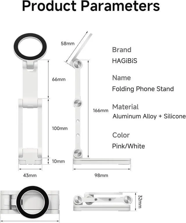 Alt view image 7 of 7 - Hagibis Magnetic Phone Stand for MagSafe, Tripod Stand Foldable Triaxial Aluminum Desk Cell Phone Holder Height Adjustable for iPhone 17 16 15 Pro Max Lazy Bracket Mount (White)