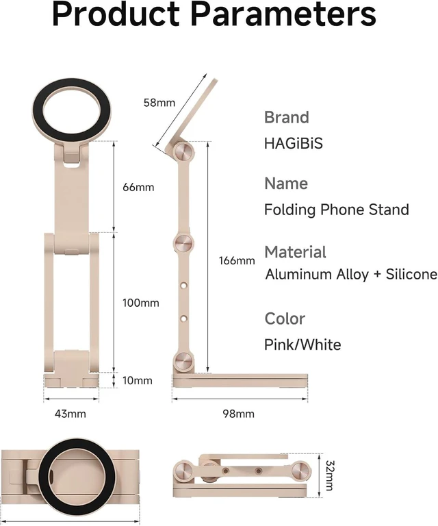 Alt view image 5 of 7 - Hagibis Magnetic Phone Stand for MagSafe, Tripod Stand Foldable Triaxial Aluminum Desk Cell Phone Holder Height Adjustable for iPhone 17 16 15 Pro Max Lazy Bracket Mount (Pink)