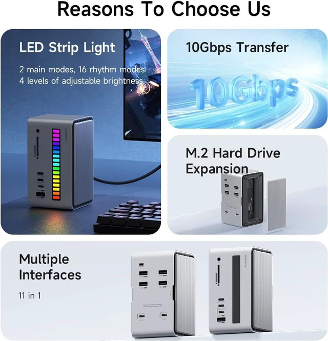 Alt view image 7 of 7 - Hagibis USB C Docking Station with M.2 NVMe/SATA SSD Enclosure Adapter, LED Strip Light USB 3.2 Gen 2 (10 Gbps) to PCI-E M-Key/(B+M) Key Support UASP for NVMe/SATA SSDs for MacBook Pro