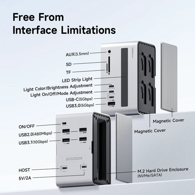 Alt view image 3 of 7 - Hagibis USB C Docking Station with M.2 NVMe/SATA SSD Enclosure Adapter, LED Strip Light USB 3.2 Gen 2 (10 Gbps) to PCI-E M-Key/(B+M) Key Support UASP for NVMe/SATA SSDs for MacBook Pro