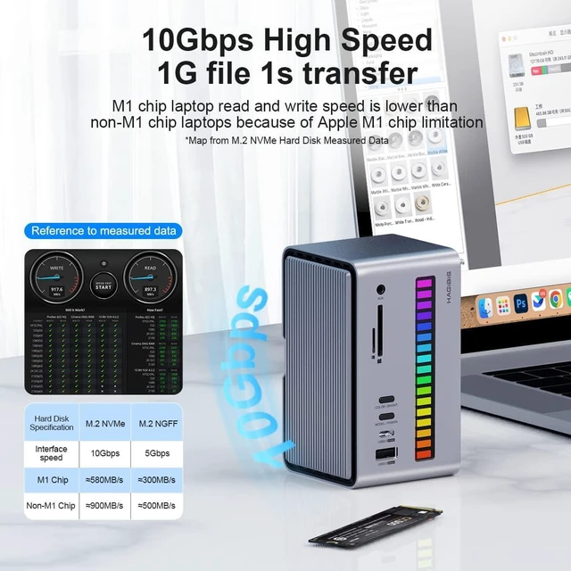 Alt view image 4 of 7 - Hagibis Dual USB C Docking Station Triple Monitor, LED Strip Light USB-C Hub Type-C Adapter with 8K DP&HDMI, M.2 SSD Enclosure, 100W PD, USB 3.1, 1000Mbps RJ45 for MacBook Air Pro, Laptop (U100 Ultra)