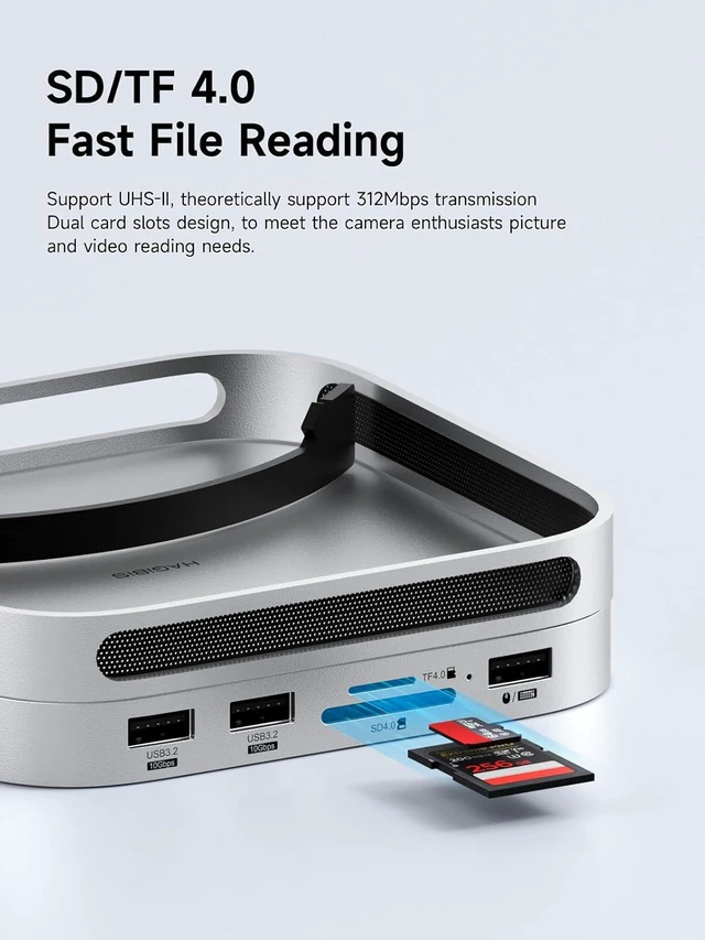 Alt view image 4 of 7 - Hagibis Mac mini M4 Hub with M.2 SSD Enclosure & Dustproof Stand, USB-C Docking Station with M.2 NVMe SSD Case, 4K@60Hz HDMI, SD4.0, Micro SD 4.0, 10Gbps USB3.2 for Mac mini M4 Pro (MC65H)