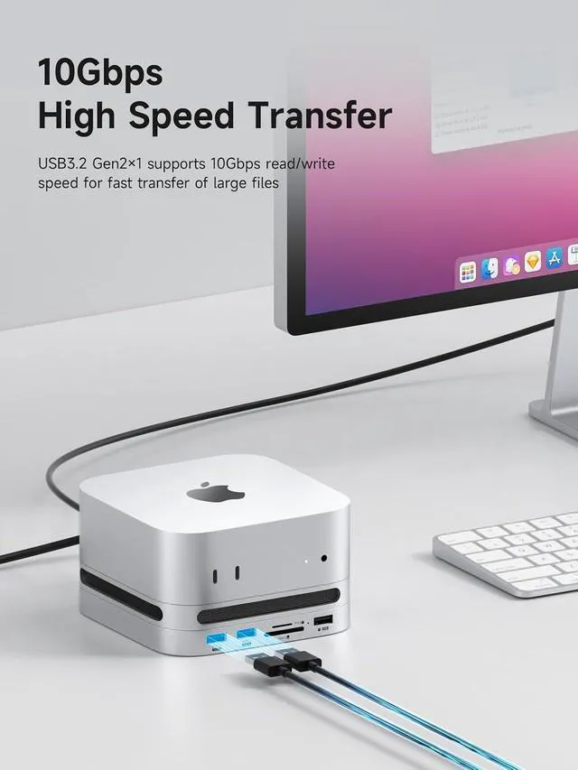 Alt view image 6 of 7 - Hagibis Mac mini M4 Hub with M.2 SSD Enclosure & Dustproof Stand, USB-C Docking Station with M.2 NVMe SSD Case, 4K@60Hz HDMI, SD4.0, Micro SD 4.0, 10Gbps USB3.2 for Mac mini M4 Pro (MC65H)