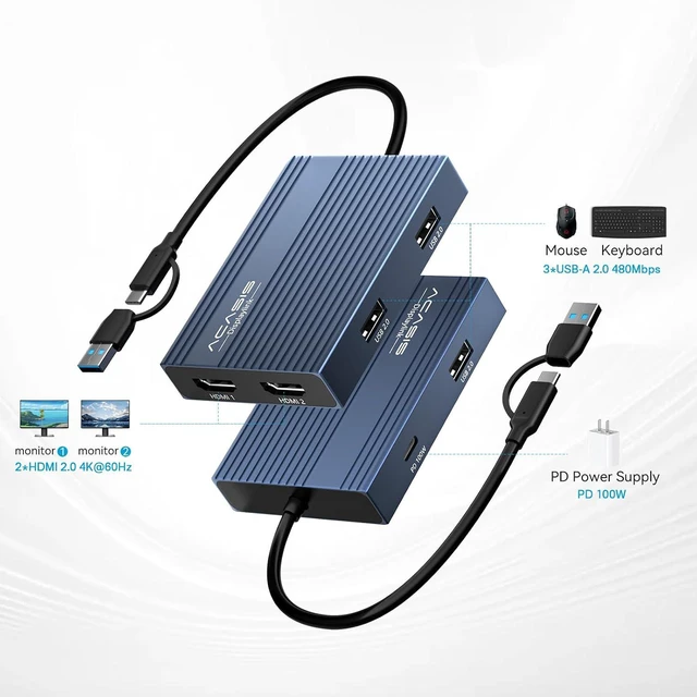 Alt view image 6 of 7 - ACASIS USB C to Dual HDMI DisplayLink Adapter for Mac M1/M2/M3/M4/Windows,USB C DisplayLink Docking Station with 2HDMI 4K@60Hz, 3USB-A Ports, 100W PD Charging ,USB A/C to Dual Monitor