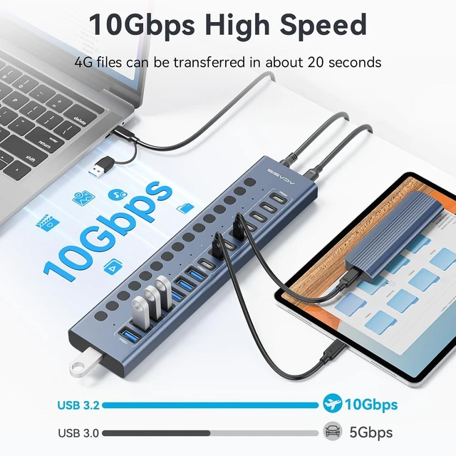 Alt view image 7 of 7 - ACASIS 16 Ports Powered USB 3.2 Hub (8 USB-A 3.2 +8 USB-C 3.2), 10Gbps,Individual On/Off Switch for Each Port Aluminum Housing Better Heat Dissipation Plug & Play 96W Power Adapter