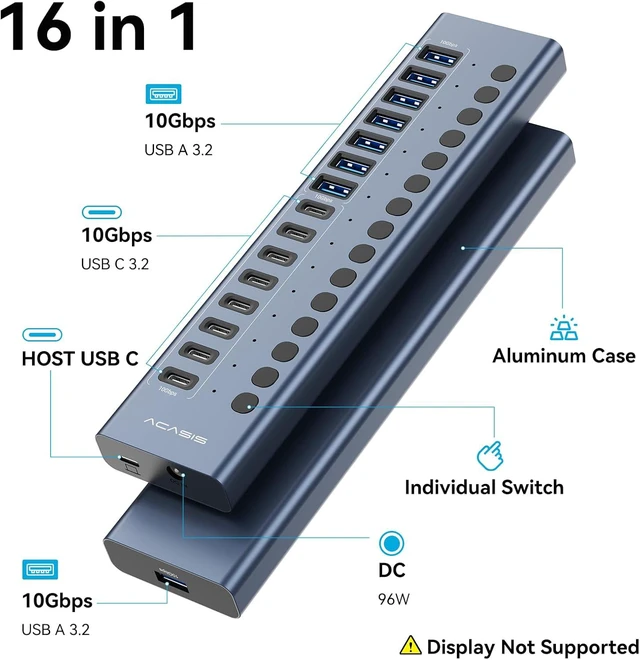 Alt view image 2 of 7 - ACASIS 16 Ports Powered USB 3.2 Hub (8 USB-A 3.2 +8 USB-C 3.2), 10Gbps,Individual On/Off Switch for Each Port Aluminum Housing Better Heat Dissipation Plug & Play 96W Power Adapter