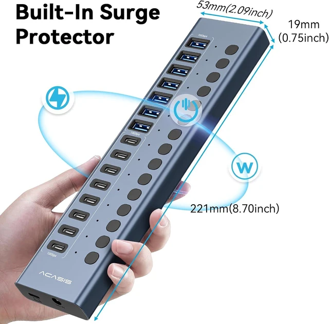 Alt view image 6 of 7 - ACASIS 16 Ports Powered USB 3.2 Hub (8 USB-A 3.2 +8 USB-C 3.2), 10Gbps,Individual On/Off Switch for Each Port Aluminum Housing Better Heat Dissipation Plug & Play 96W Power Adapter