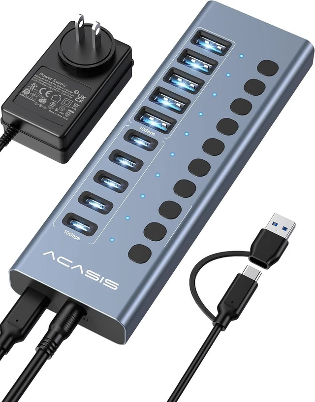 Main image of ACASIS 10 Ports Powered USB 3.2 Hub (5 USB-A 3.2 +5 USB-C 3.2), 10Gbps,Individual On/Off Switch for Each Port Aluminum Housing Better Heat Dissipation Plug & Play 48W Power Adapter