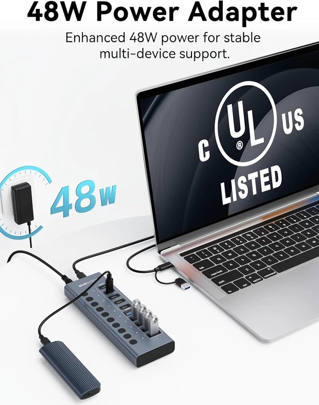 Alt view image 7 of 7 - ACASIS 10 Ports Powered USB 3.2 Hub (5 USB-A 3.2 +5 USB-C 3.2), 10Gbps,Individual On/Off Switch for Each Port Aluminum Housing Better Heat Dissipation Plug & Play 48W Power Adapter