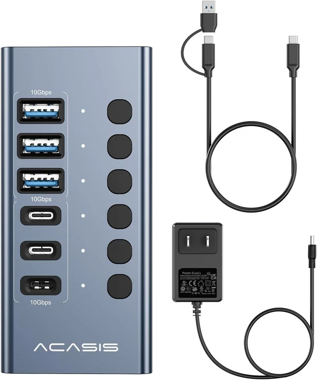 Alt view image 7 of 7 - ACASIS 6 Ports Powered USB 3.2 Hub (3 USB-A 3.2 +3 USB-C 3.2), 10Gbps,Individual On/Off Switch for Each Port Aluminum Housing Better Heat Dissipation Plug & Play 48W Power Adapter