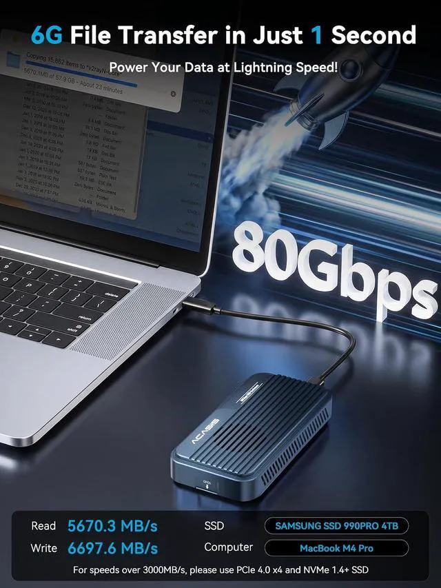 Alt view image 4 of 7 - ACASIS 80Gbps M.2 NVMe SSD Enclosure, Thunderbolt 5 & USB4 V2.0 Compatible,Advanced Dual-Chip Active Cooling Fan Backward Compatible with TB4/USB4 Premium Aluminum Alloy Tool-Free Installation