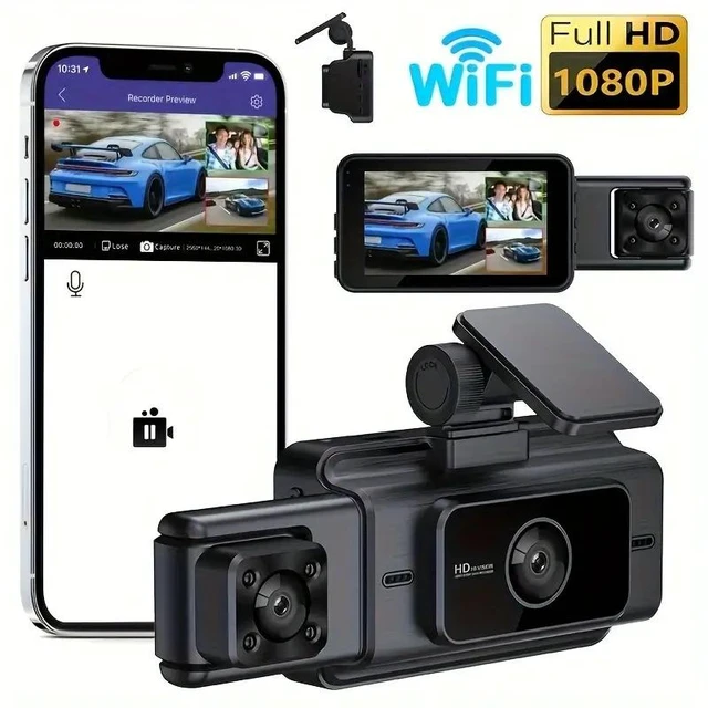 Main image of Triple Lens Dash Camera 3" HD Display Built-in WiFi App Control IR Night Vision 1080P Front Cabin Rear 3-Channel Car DVR with G-Sensor & Parking Mode