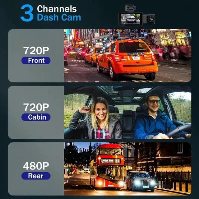 Alt view image 3 of 7 - Triple Lens Dash Camera 3" HD Display Built-in WiFi App Control IR Night Vision 1080P Front Cabin Rear 3-Channel Car DVR with G-Sensor & Parking Mode