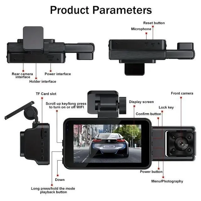 Alt view image 6 of 7 - Triple Lens Dash Camera 3" HD Display Built-in WiFi App Control IR Night Vision 1080P Front Cabin Rear 3-Channel Car DVR with G-Sensor & Parking Mode