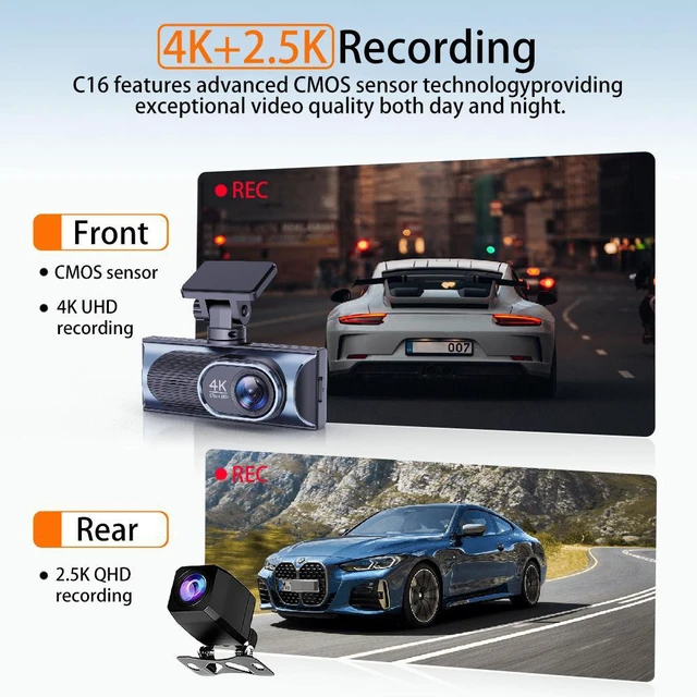Alt view image 2 of 7 - 4K UHD Front & Rear Dash Cam, Built-in 5G WiFi, Night Vision, Advanced Driving Assistance System & Route Recording