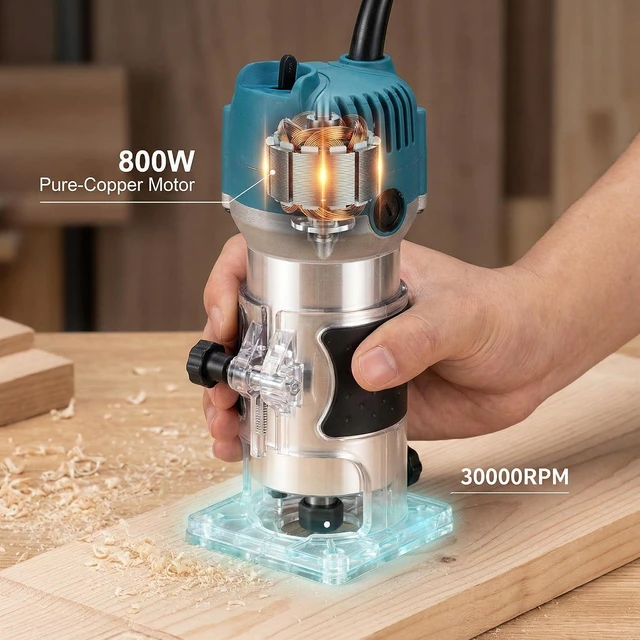 Alt view image 4 of 7 - 110V Router Tool, 800W Wood Trim Router, 30000RPM Electric Hand Trimmer, Palm Router with 15x 1/4 Router Bits & 2x Trim Guides for Woodworking Tools, Adjustable Base Height w/Scale
