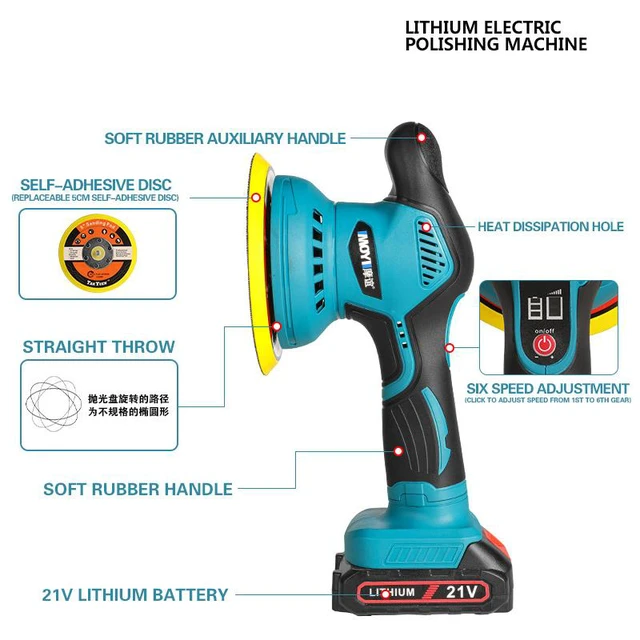 Alt view image 2 of 7 - Cordless Car Buffer Polisher, 6 In Mini Buffer Polisher Kit with 2 Pack 21V Rechargeable Batteries,6 Variable Speed 5500RPM Orbital Polisher for Car Boat Detailing, Polishing,Scratch Removing