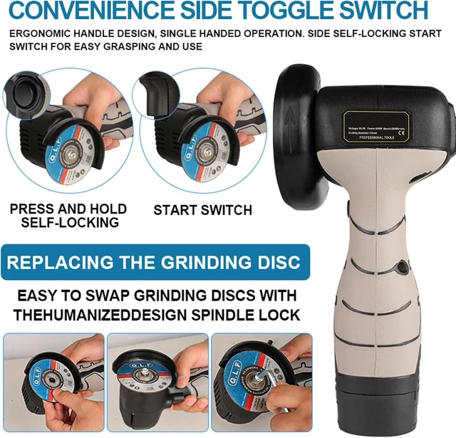 Alt view image 2 of 7 - Cordless Brush Angle Grinder Kit, 19500rpm Mini Electric Angle Grinding Tool with 2pcs 16.8V 2000mAh Batteries and 9-Cutting Discs, Grinder Handheld Cutter for Metal Wood