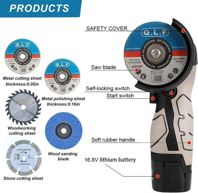 Alt view image 4 of 7 - Cordless Brush Angle Grinder Kit, 19500rpm Mini Electric Angle Grinding Tool with 2pcs 16.8V 2000mAh Batteries and 9-Cutting Discs, Grinder Handheld Cutter for Metal Wood