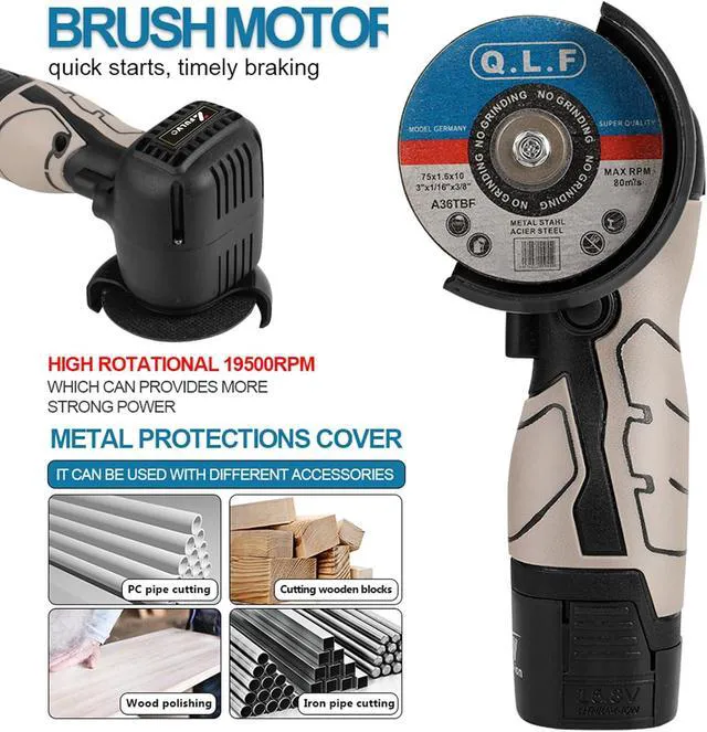 Alt view image 5 of 7 - Cordless Brush Angle Grinder Kit, 19500rpm Mini Electric Angle Grinding Tool with 2pcs 16.8V 2000mAh Batteries and 9-Cutting Discs, Grinder Handheld Cutter for Metal Wood