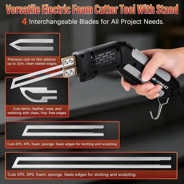 Alt view image 5 of 7 - 300W Hot Knife Foam Cutter, 600°C Fast Heat, With 4 Blades, Active Cooling,Adjustable Temperature, With Foldable Stand And Cleaning Brush, Portable Foam Cutting Tool For Foam, Plastic, And Fabric