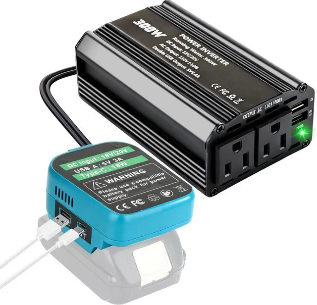 Main image of 300W Power Inverter Compatible with Makita, DC 18V to AC 110-120V Battery Inverter, Portable Battery Adapter Charger Converter with 3 USB & 1 Type-C & 2 AC Outlet for Outdoor,Emergency(Tool Only)